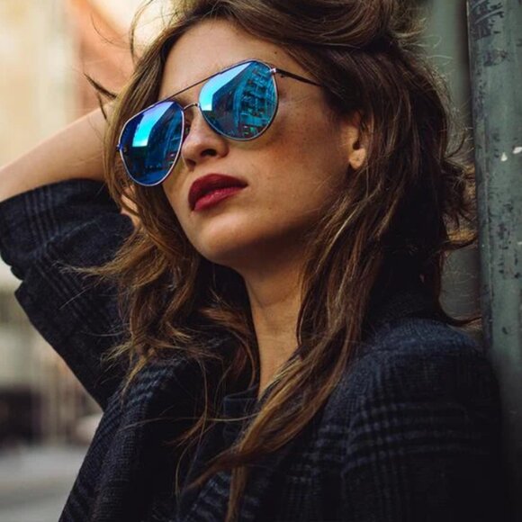 Diff Eyewear Dash Black Frame Polarized Blue Mirror Lens Aviator Sunglasses 61mm - Picture 6 of 16